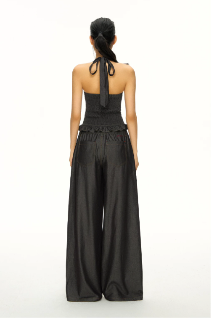 Ruched Halter Top & Fluid Wide-Leg Trouser Set