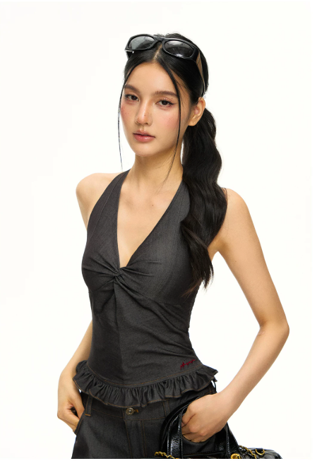 Ruched Halter Top & Fluid Wide-Leg Trouser Set