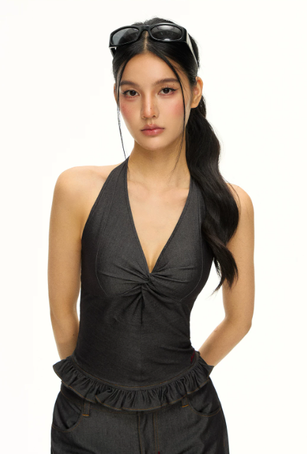 Ruched Halter Top & Fluid Wide-Leg Trouser Set