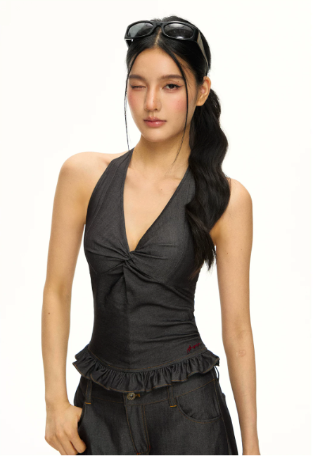 Ruched Halter Top & Fluid Wide-Leg Trouser Set