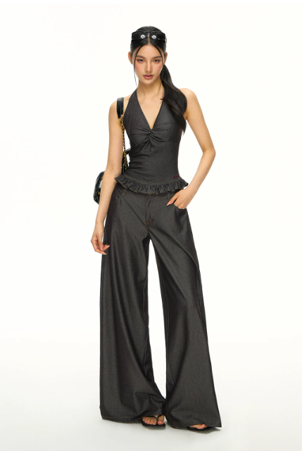 Ruched Halter Top & Fluid Wide-Leg Trouser Set