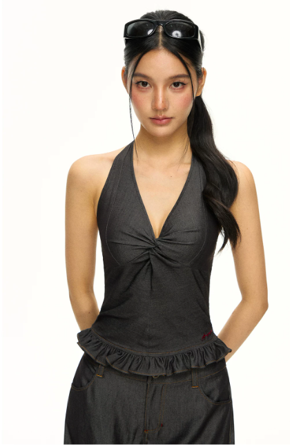 Ruched Halter Top & Fluid Wide-Leg Trouser Set