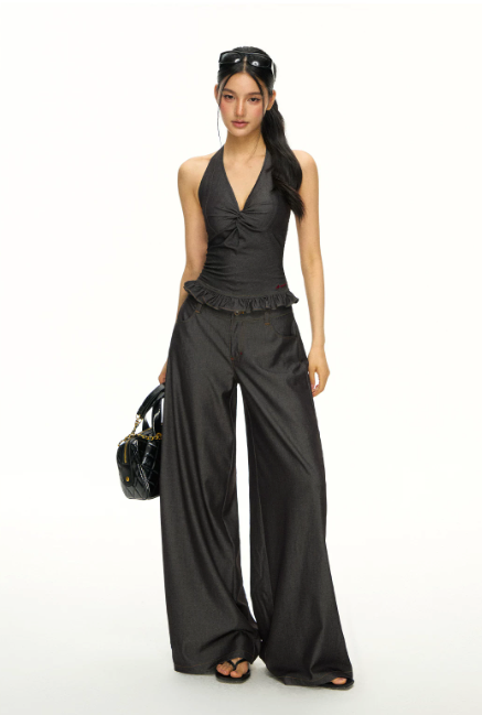 Ruched Halter Top & Fluid Wide-Leg Trouser Set