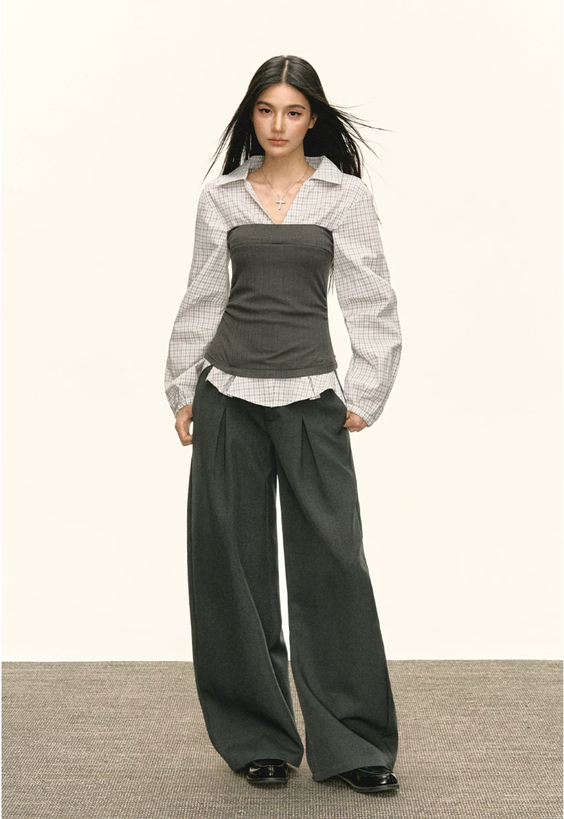 Layered Check Shirt & Wide-Leg Trouser Set