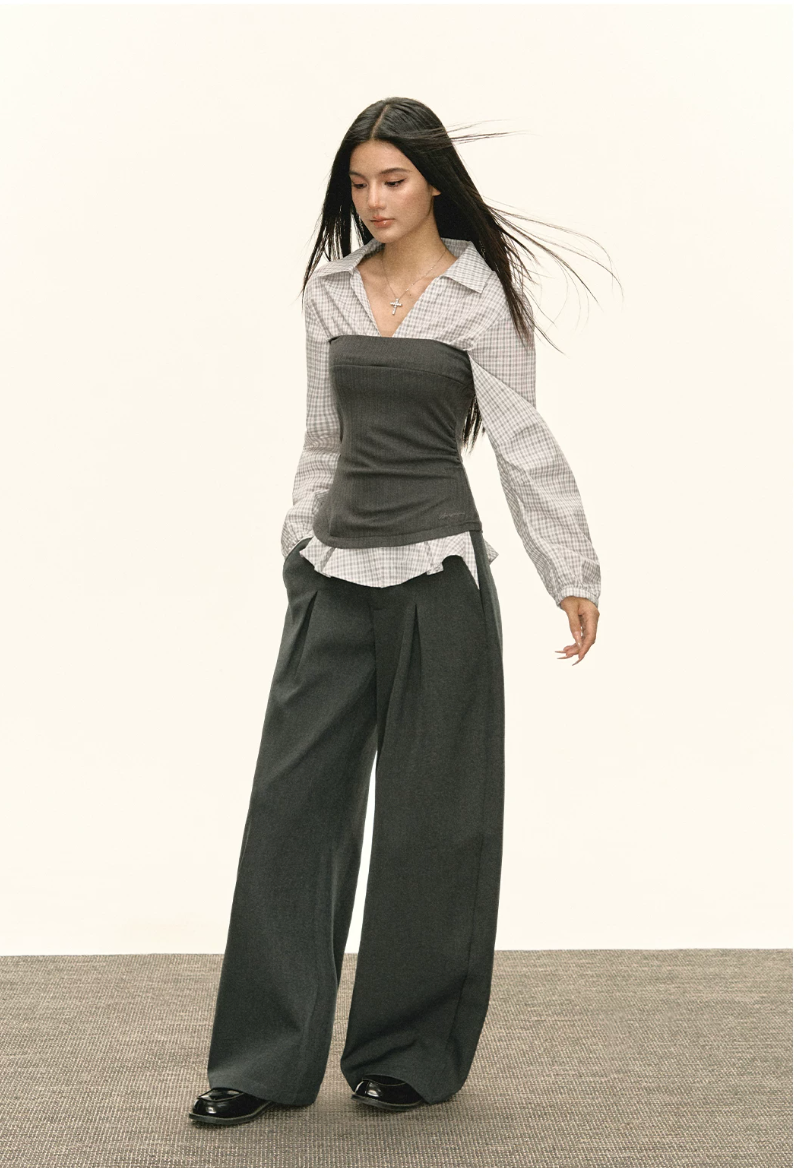 Layered Check Shirt & Wide-Leg Trouser Set