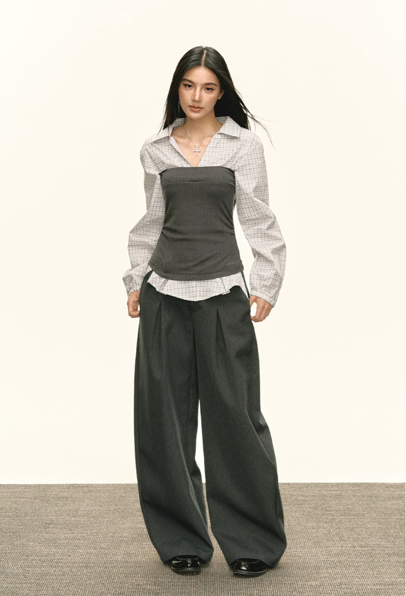 Layered Check Shirt & Wide-Leg Trouser Set