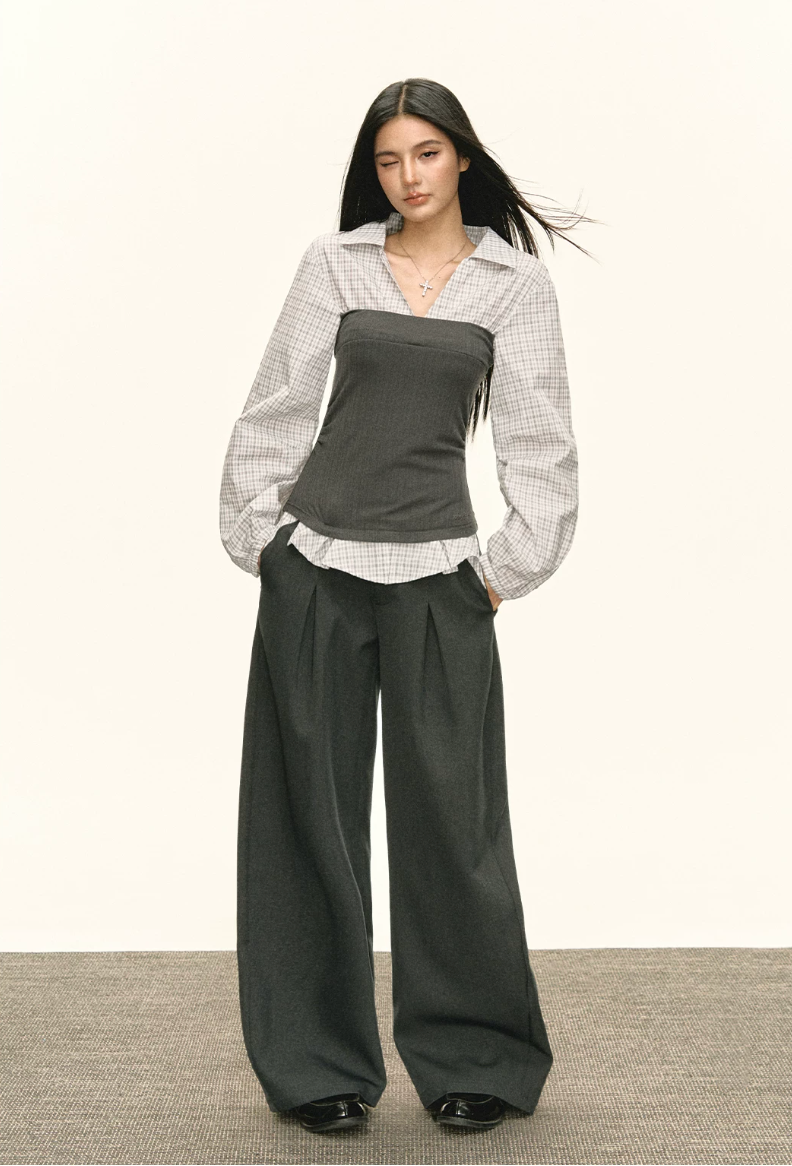 Layered Check Shirt & Wide-Leg Trouser Set