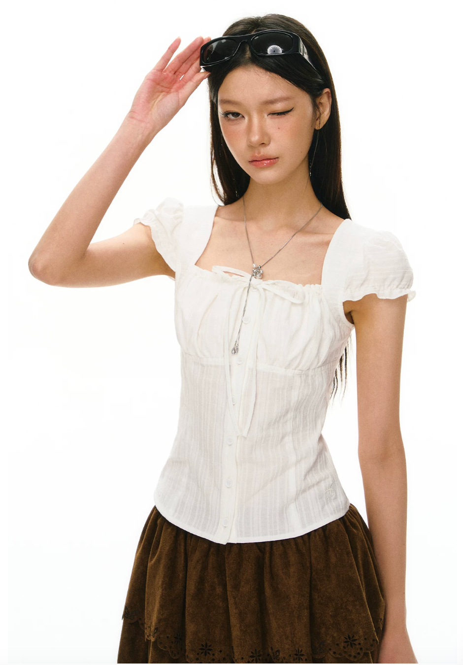 Cotton Ruched Puff-Sleeve Blouse