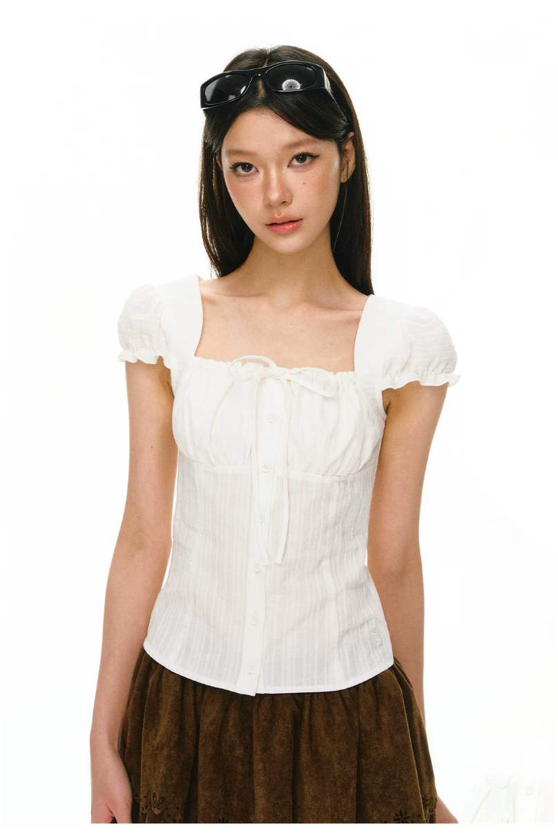 Cotton Ruched Puff-Sleeve Blouse