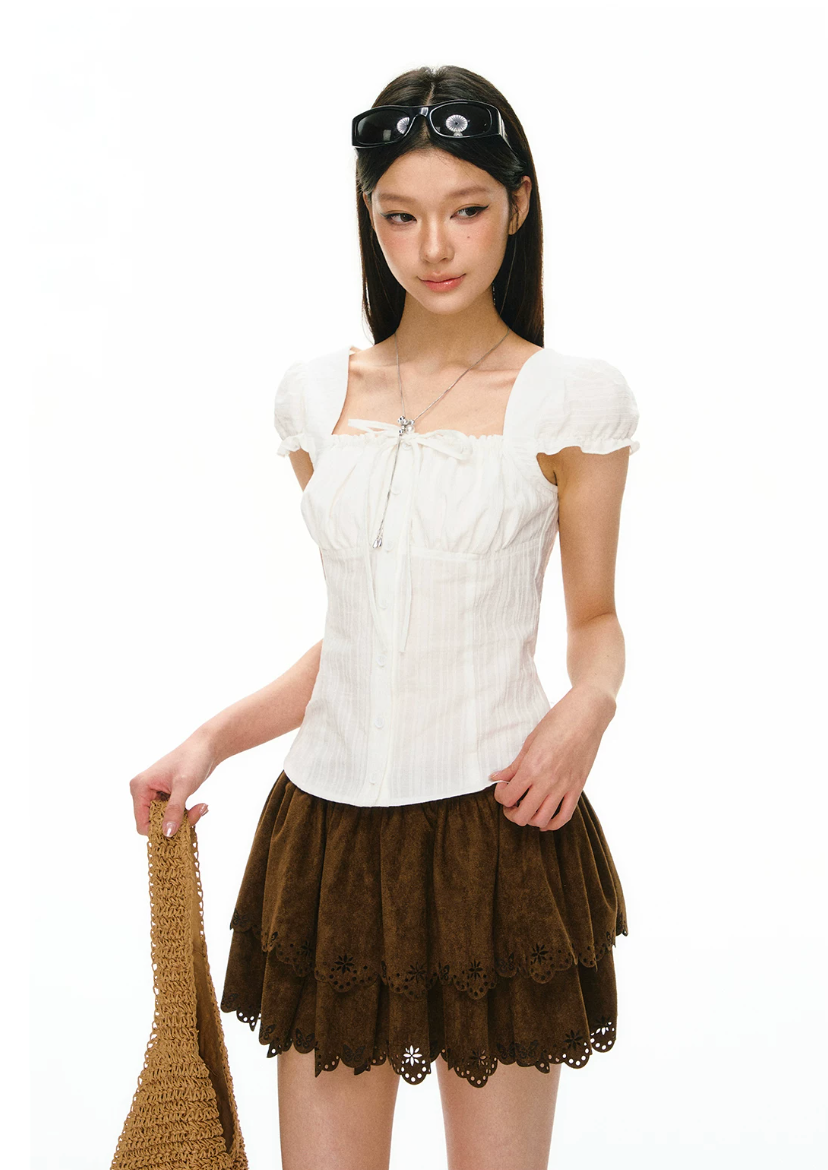 Cotton Ruched Puff-Sleeve Blouse