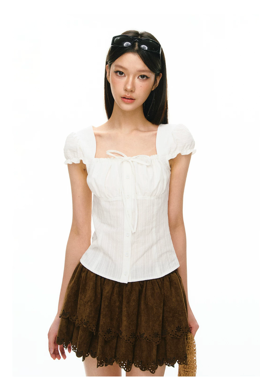 Cotton Ruched Puff-Sleeve Blouse