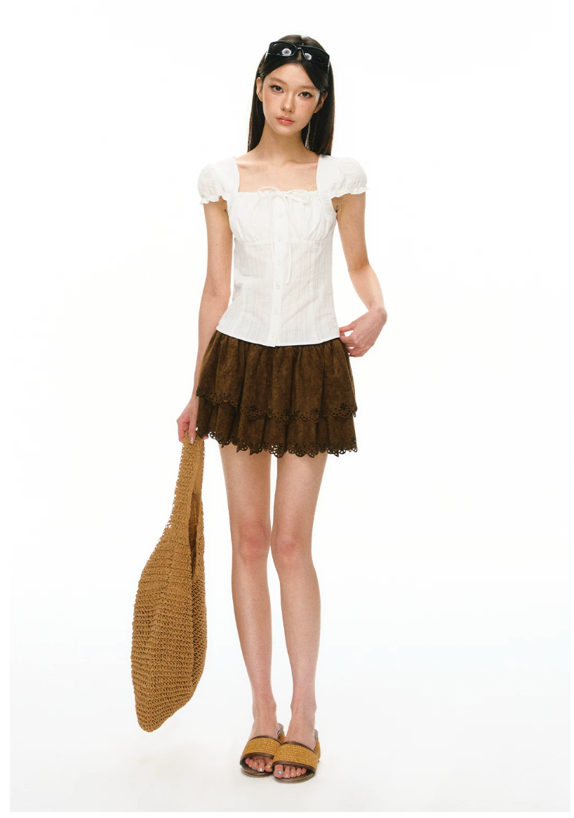 Cotton Ruched Puff-Sleeve Blouse