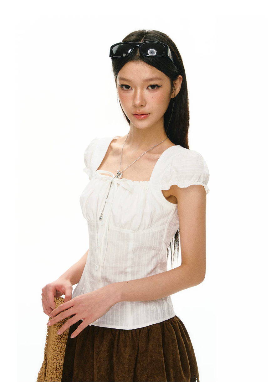 Cotton Ruched Puff-Sleeve Blouse