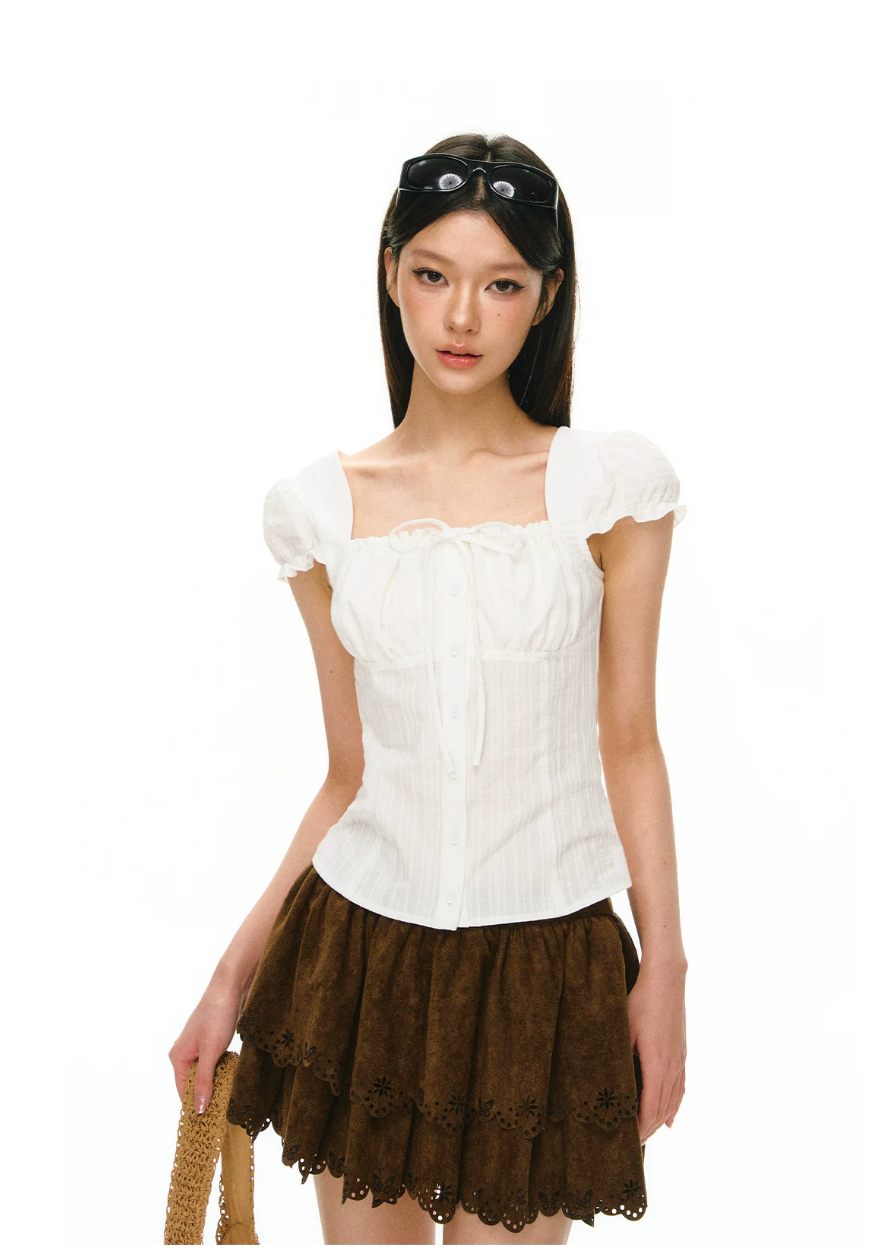 Cotton Ruched Puff-Sleeve Blouse