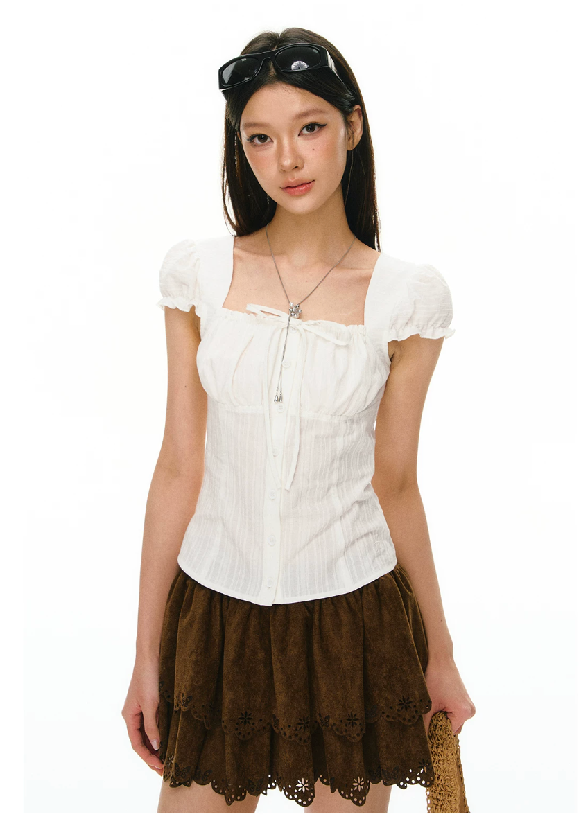 Cotton Ruched Puff-Sleeve Blouse