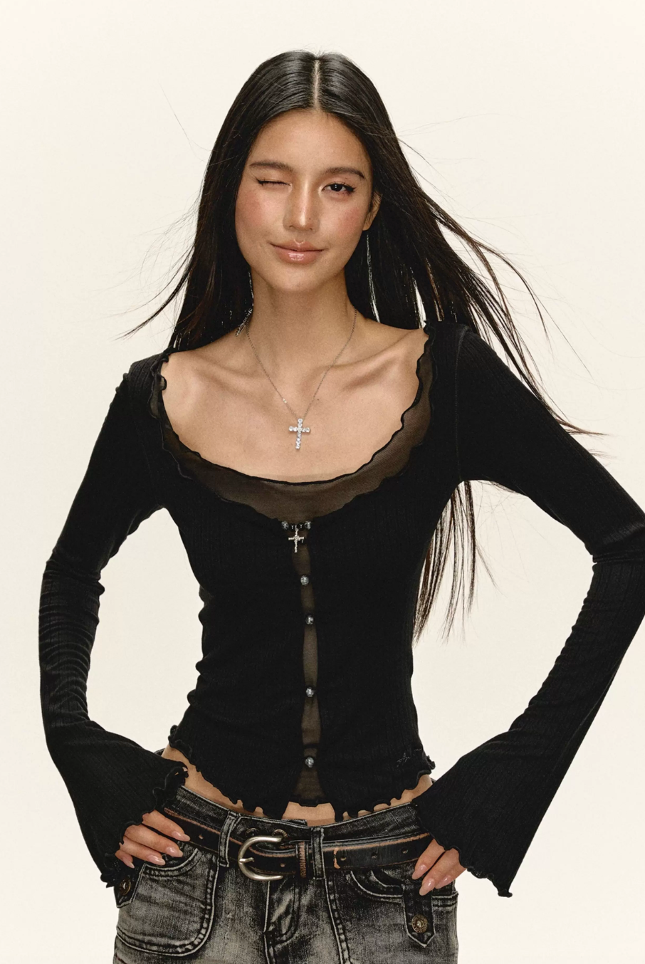 Double-Layer Mesh Scoop-Neck Cardigan