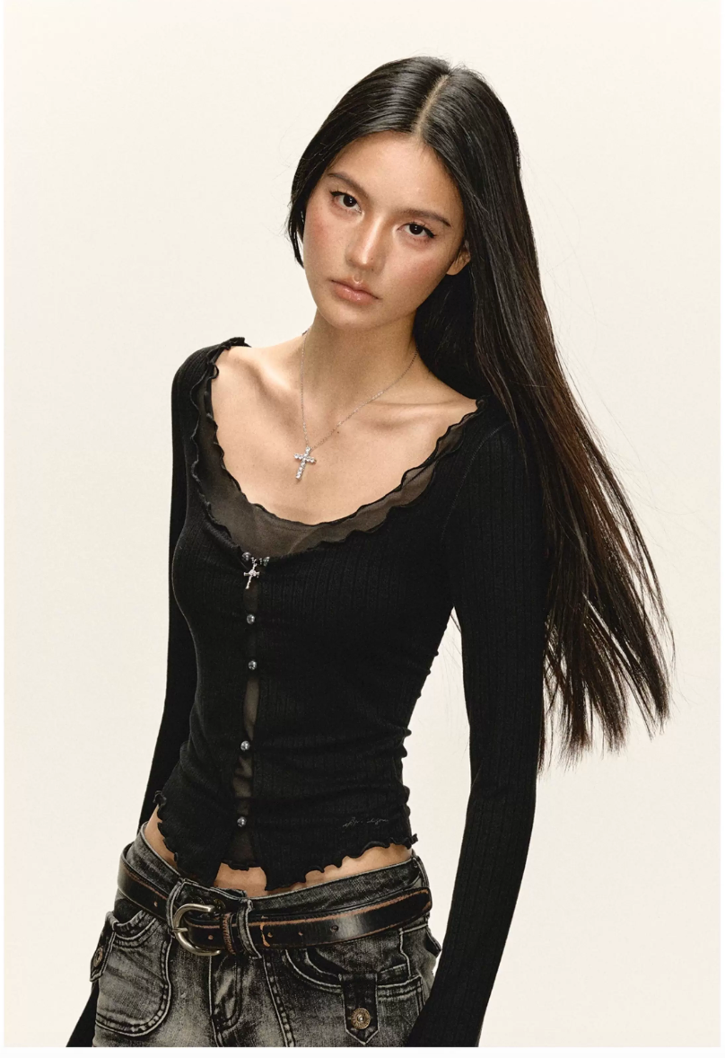Double-Layer Mesh Scoop-Neck Cardigan