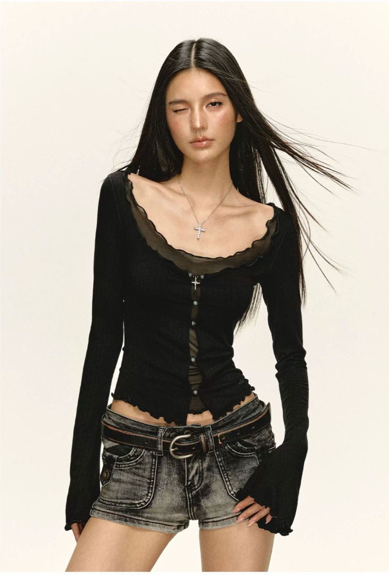 Double-Layer Mesh Scoop-Neck Cardigan