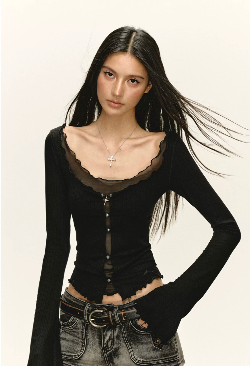 Double-Layer Mesh Scoop-Neck Cardigan
