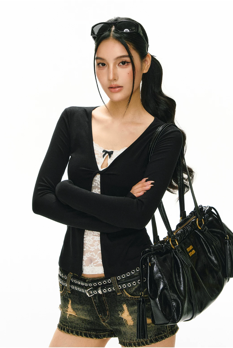Faux Two-Piece Lace Insert Long-Sleeve Top