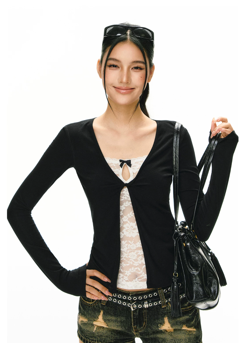 Faux Two-Piece Lace Insert Long-Sleeve Top