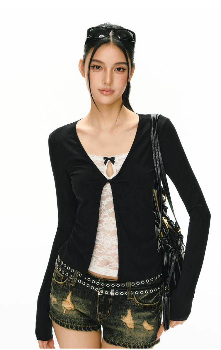 Faux Two-Piece Lace Insert Long-Sleeve Top
