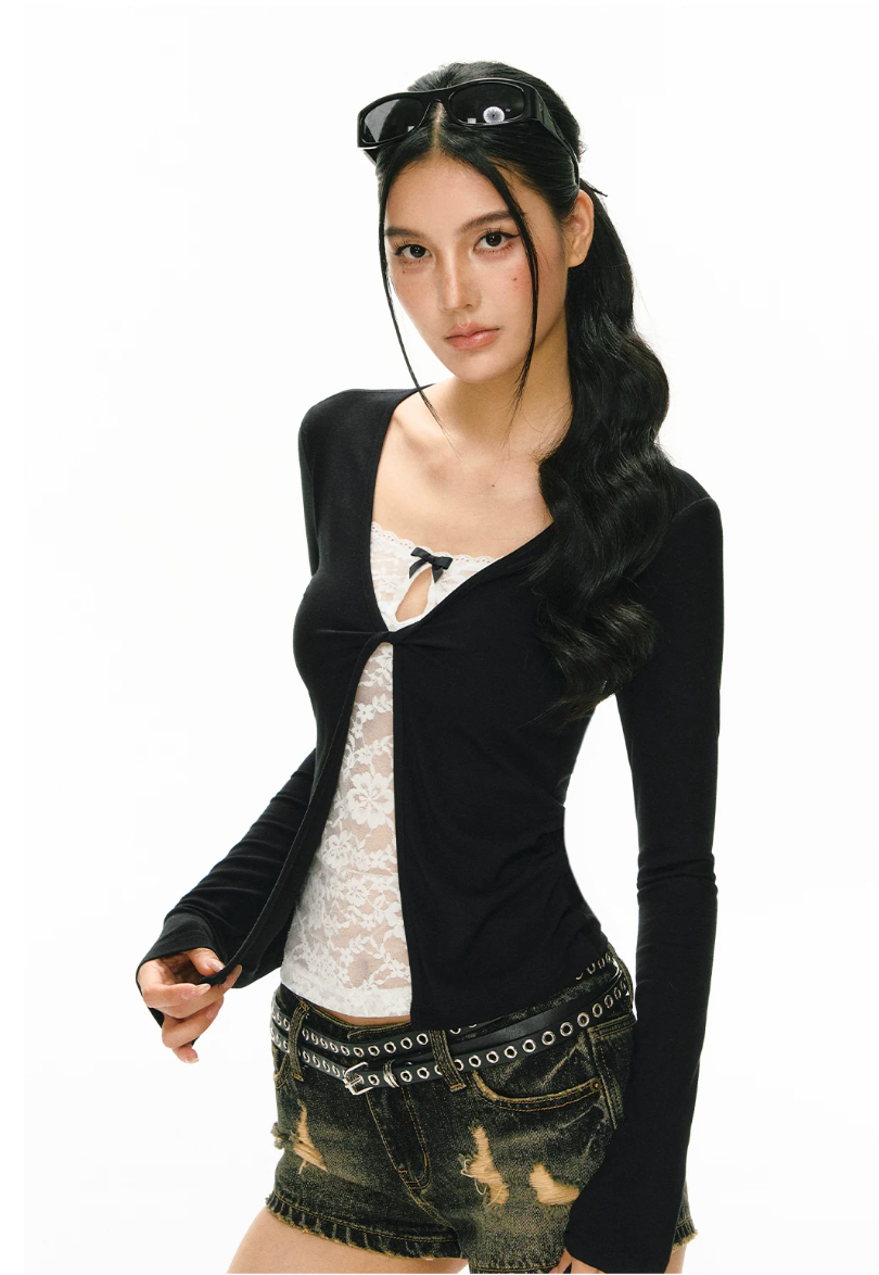 Faux Two-Piece Lace Insert Long-Sleeve Top