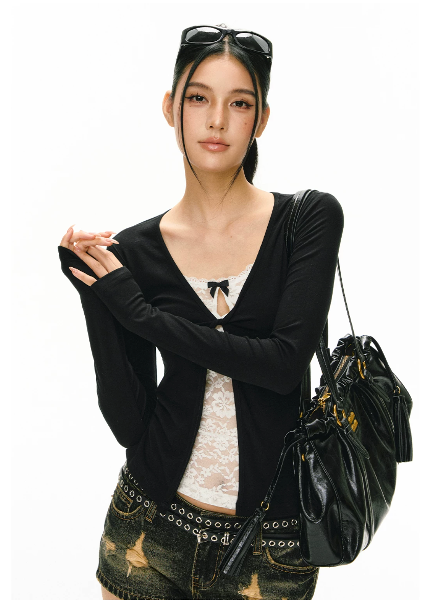 Faux Two-Piece Lace Insert Long-Sleeve Top
