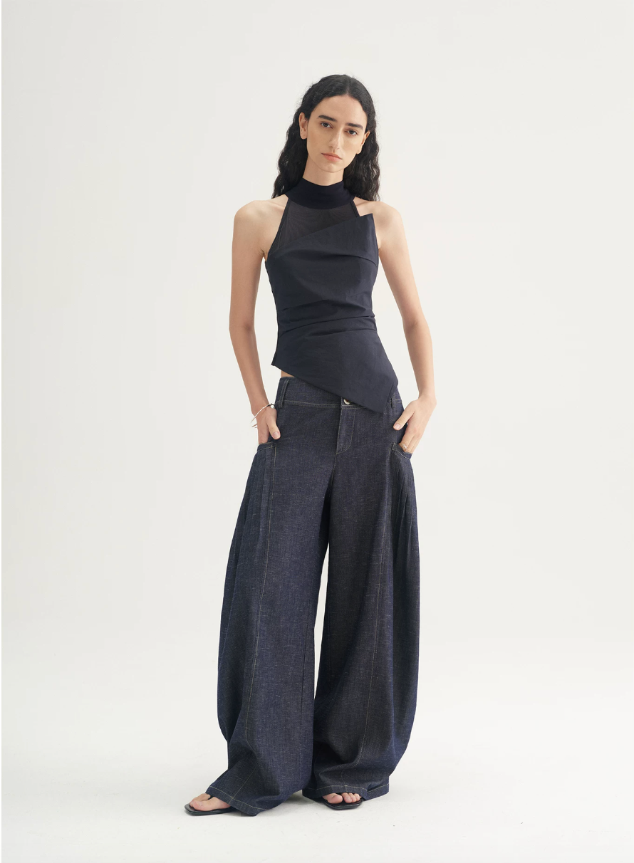 Pleated Wide-Leg Denim Trousers