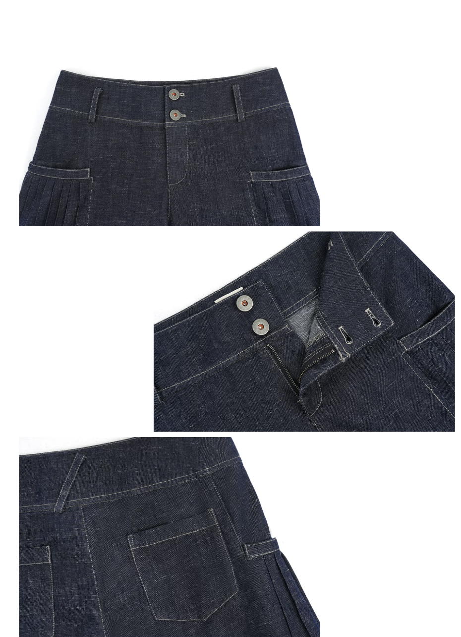 Pleated Wide-Leg Denim Trousers