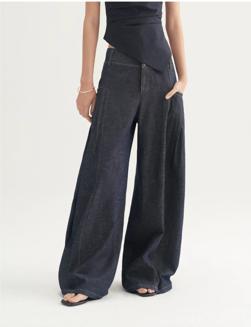 Pleated Wide-Leg Denim Trousers