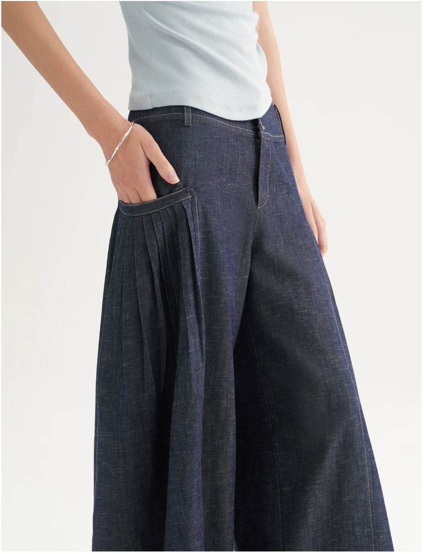 Pleated Wide-Leg Denim Trousers
