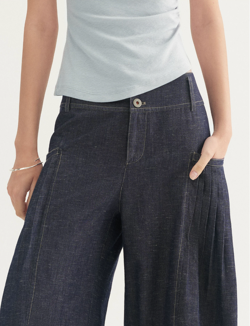 Pleated Wide-Leg Denim Trousers