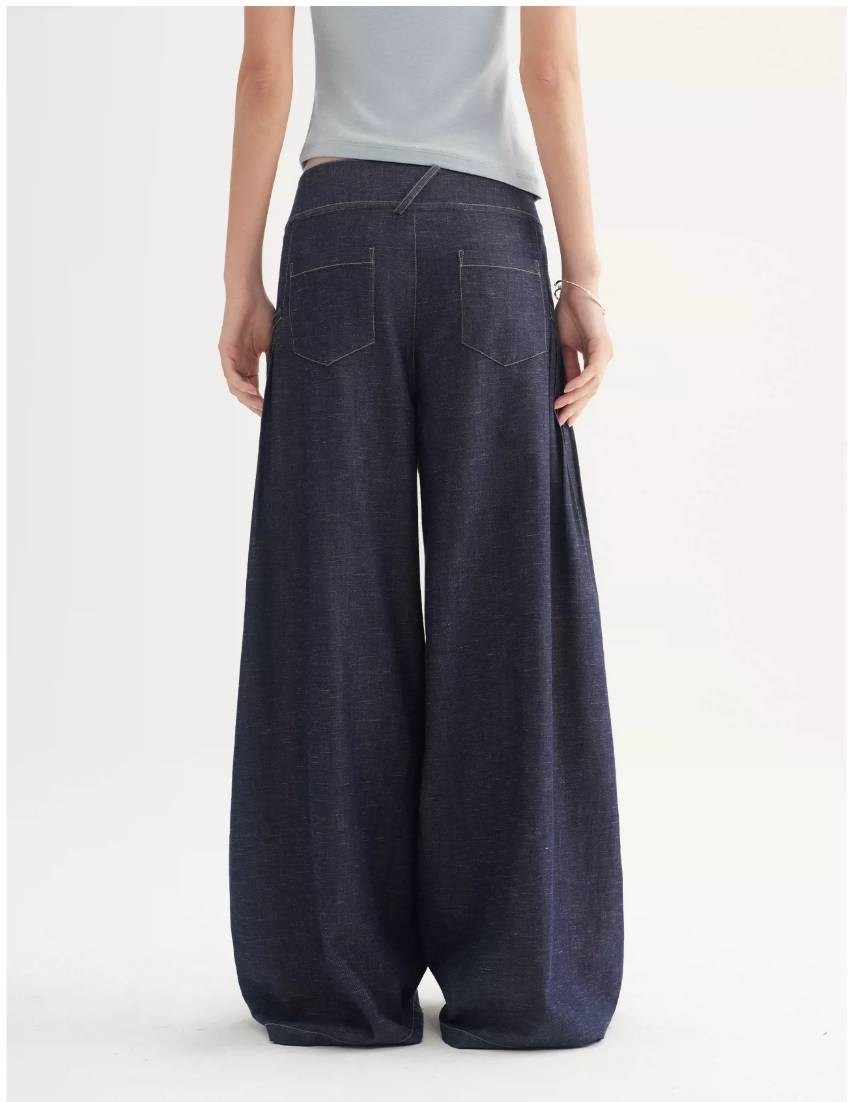 Pleated Wide-Leg Denim Trousers