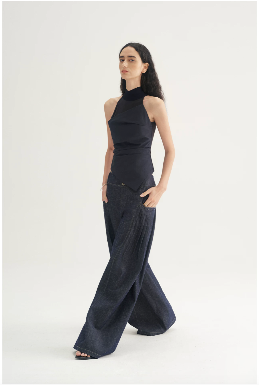 Pleated Wide-Leg Denim Trousers