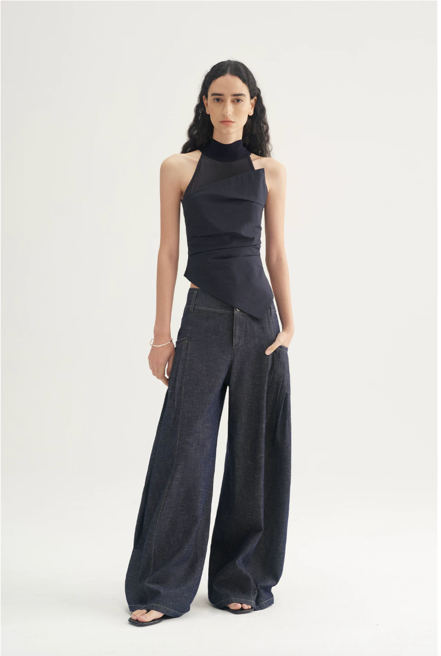 Pleated Wide-Leg Denim Trousers