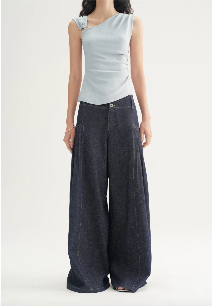 Pleated Wide-Leg Denim Trousers