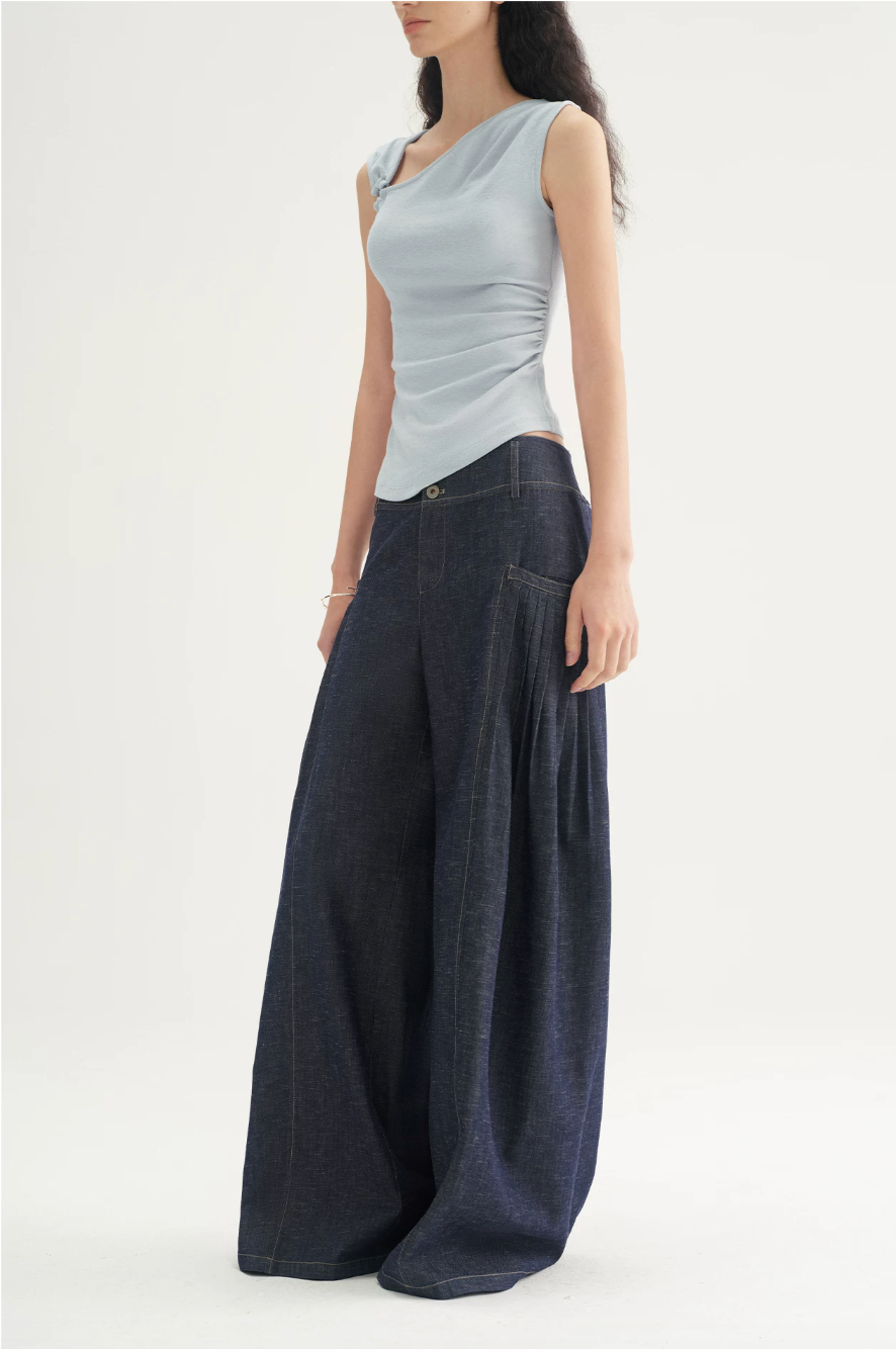 Pleated Wide-Leg Denim Trousers