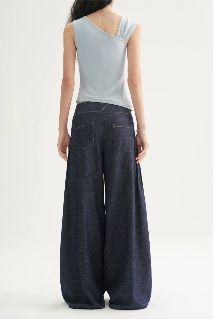 Pleated Wide-Leg Denim Trousers