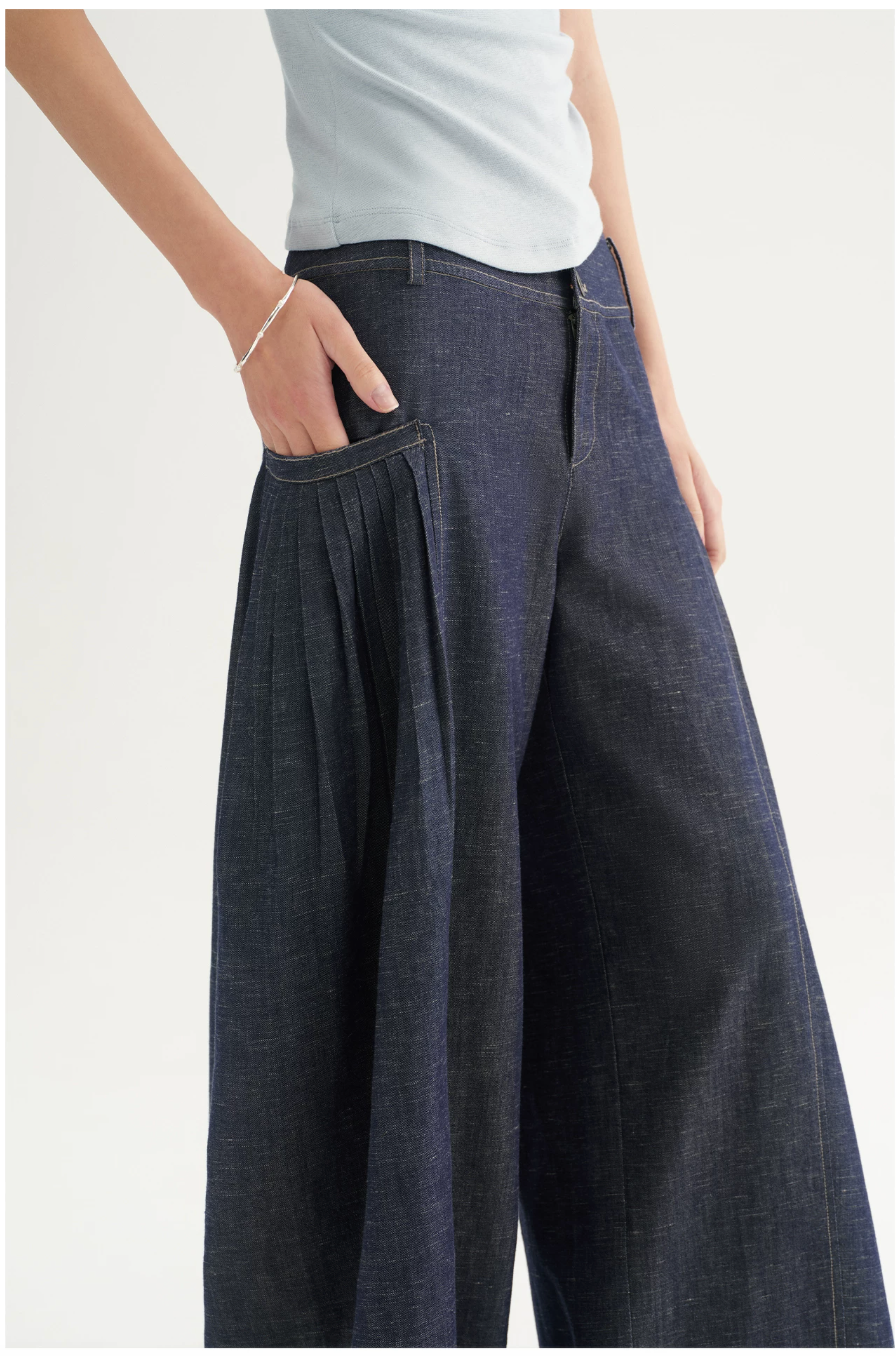 Pleated Wide-Leg Denim Trousers