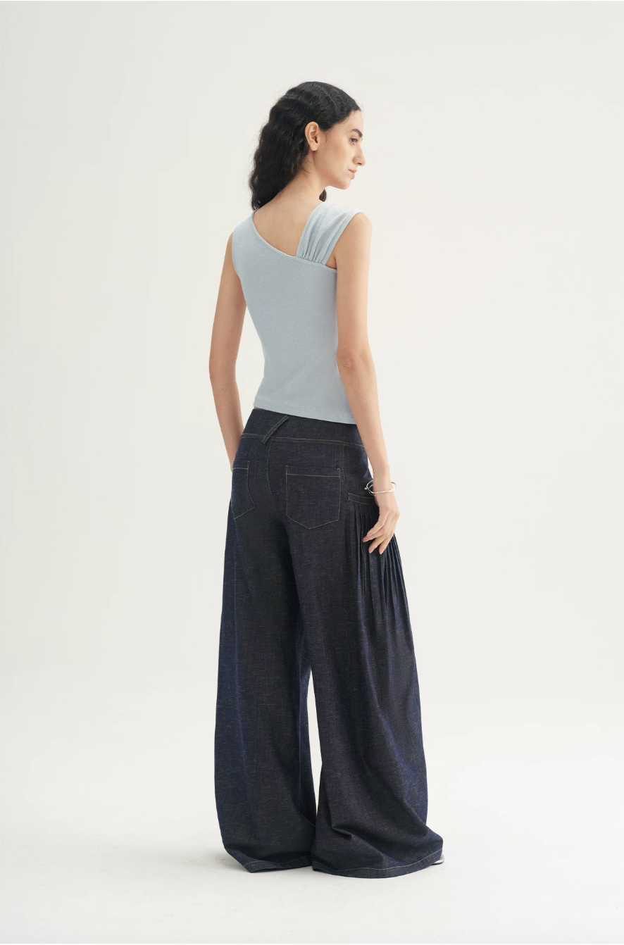 Pleated Wide-Leg Denim Trousers