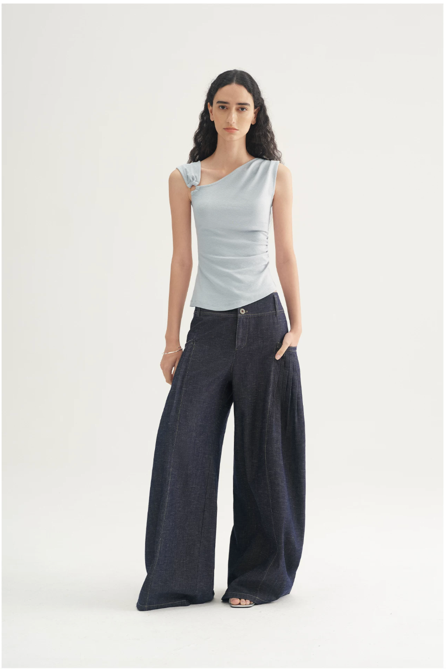 Pleated Wide-Leg Denim Trousers