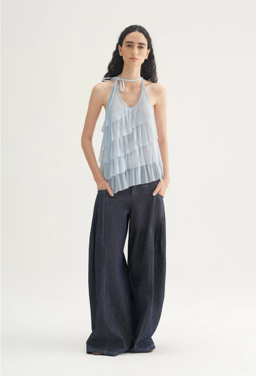 Pleated Wide-Leg Denim Trousers
