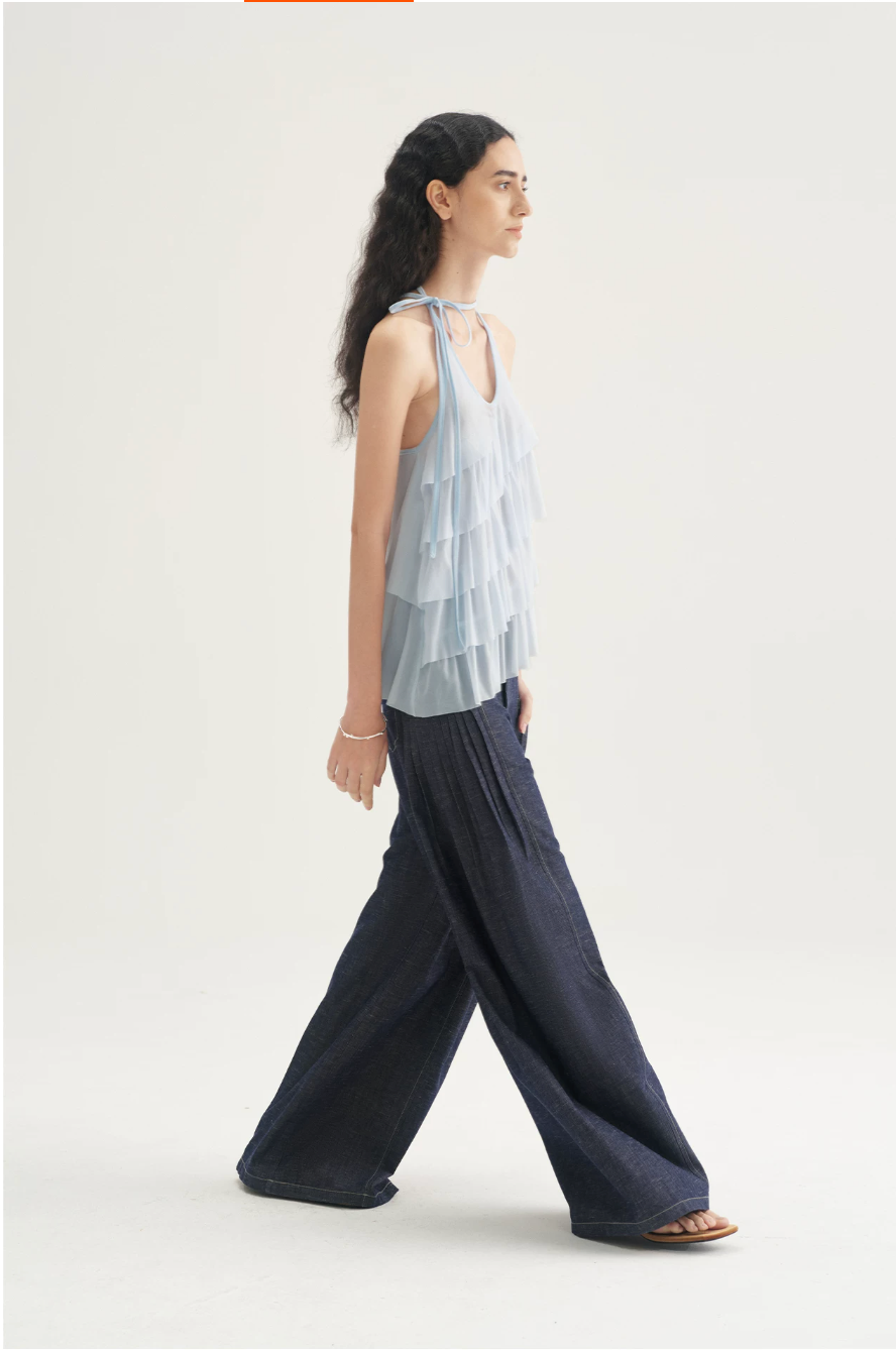 Pleated Wide-Leg Denim Trousers
