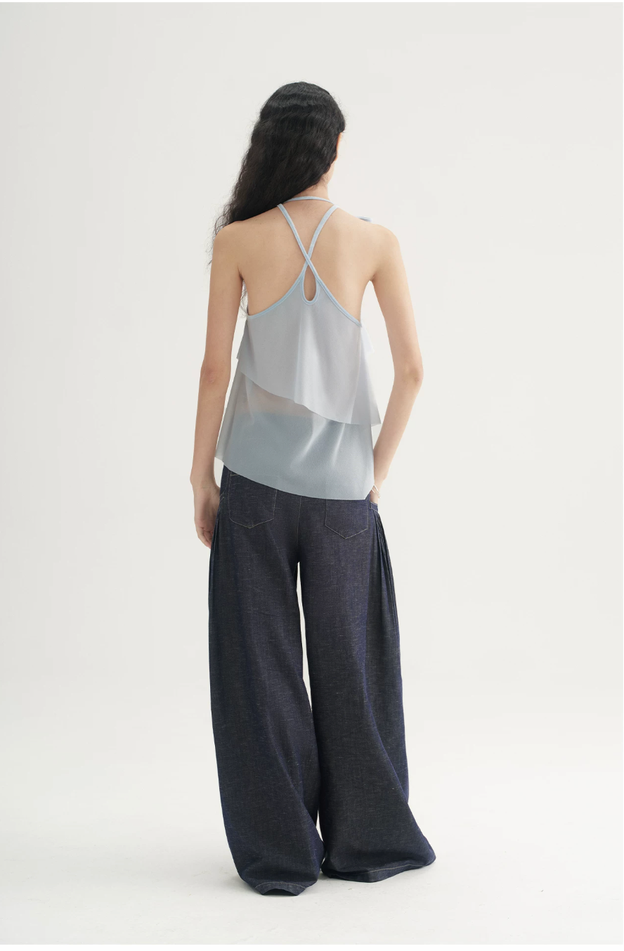 Pleated Wide-Leg Denim Trousers