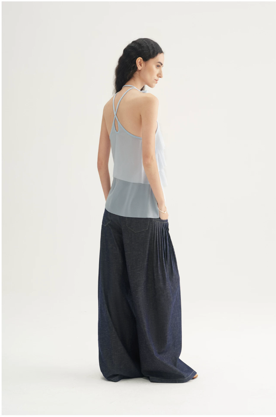 Pleated Wide-Leg Denim Trousers
