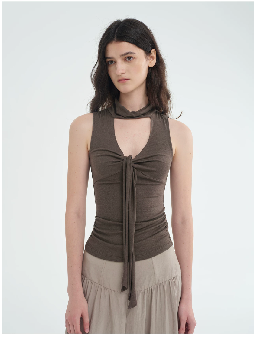 Draped Tie-Neck Lyocell Wool Top