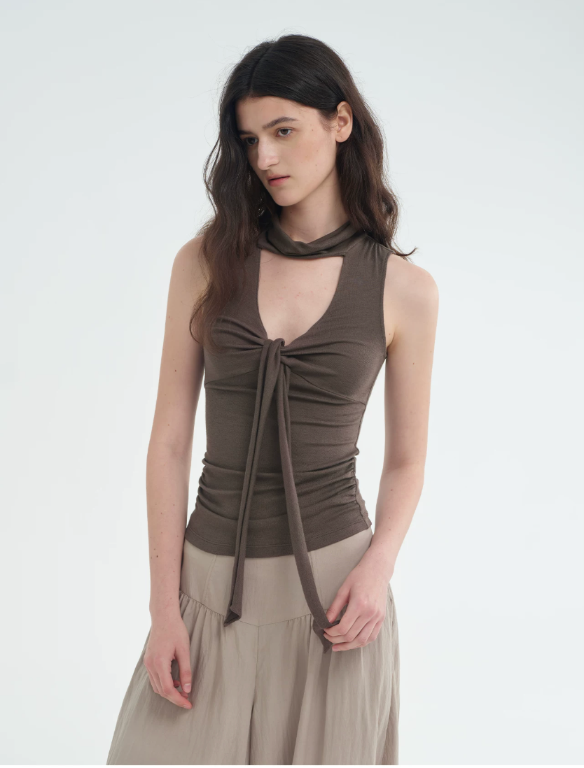 Draped Tie-Neck Lyocell Wool Top