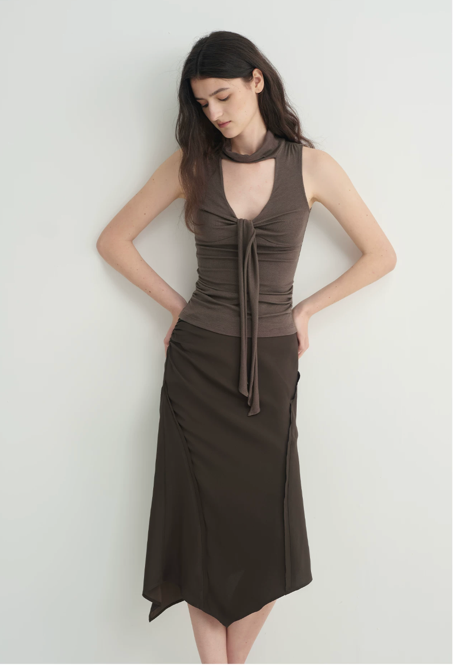Draped Tie-Neck Lyocell Wool Top