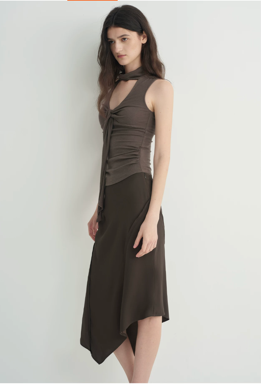 Draped Tie-Neck Lyocell Wool Top